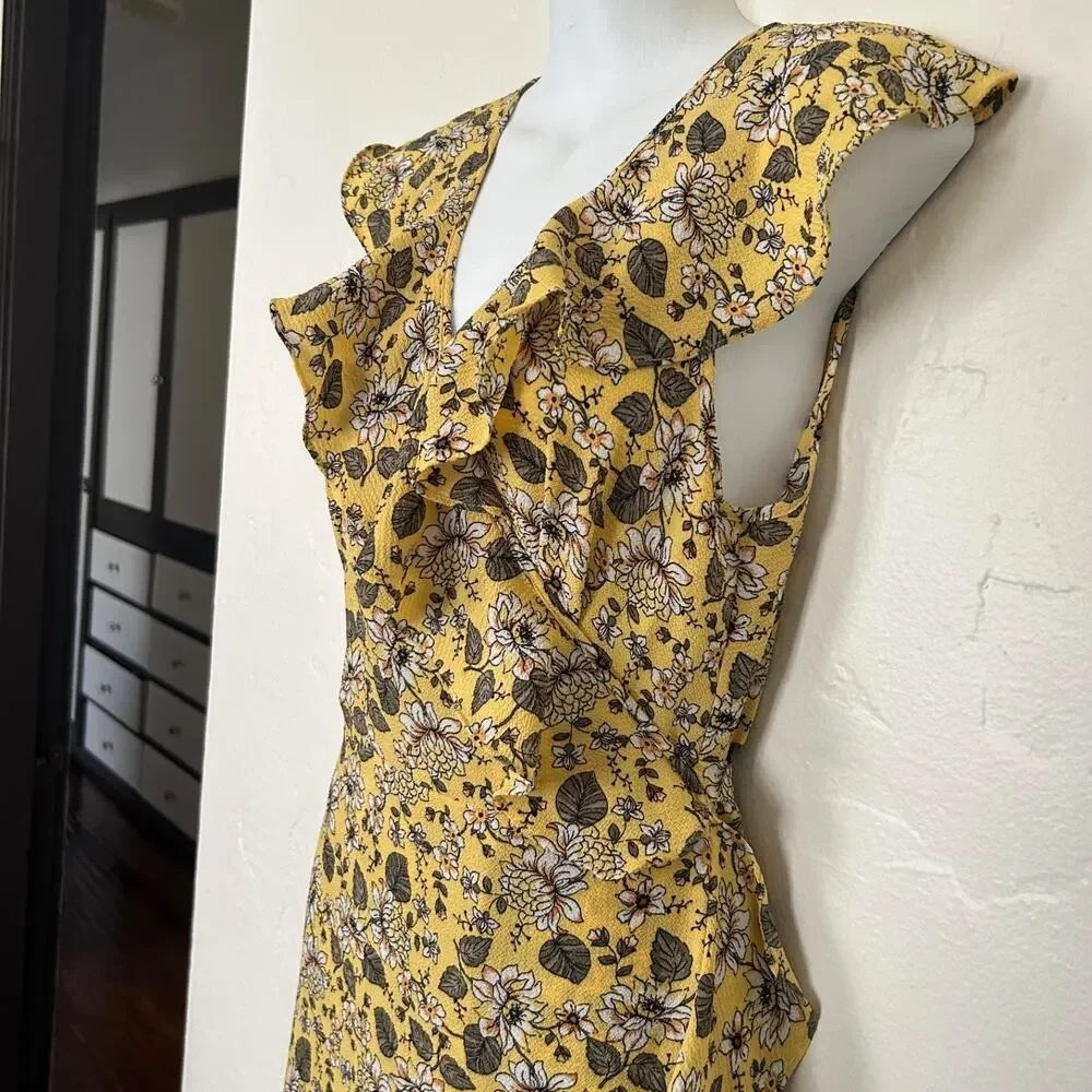 Max Studio Yellow Floral Boho Midi Wrap Dress Summer Spring Size Medium